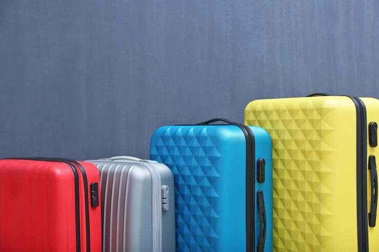 Four colorful suitcases (red, silver, blue, yellow) lined up against a gray background