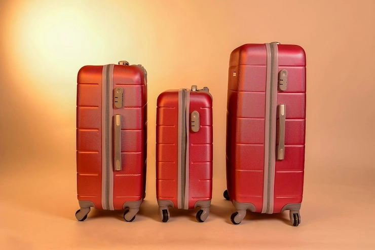 Three red suitcases of different sizes placed against a warm - toned background