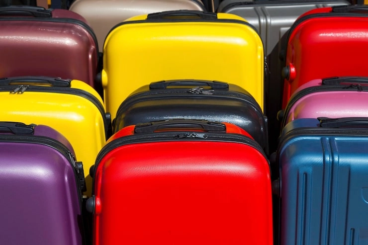 collection of colorful suitcases in various hues arranged closely