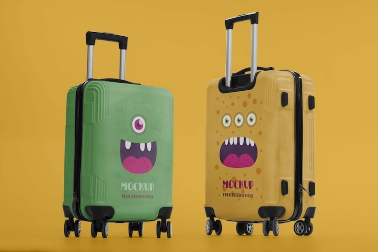 two suitcases with monster designs green and yellow on orange background