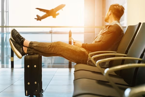 Traveler resting at airport with suitcase
